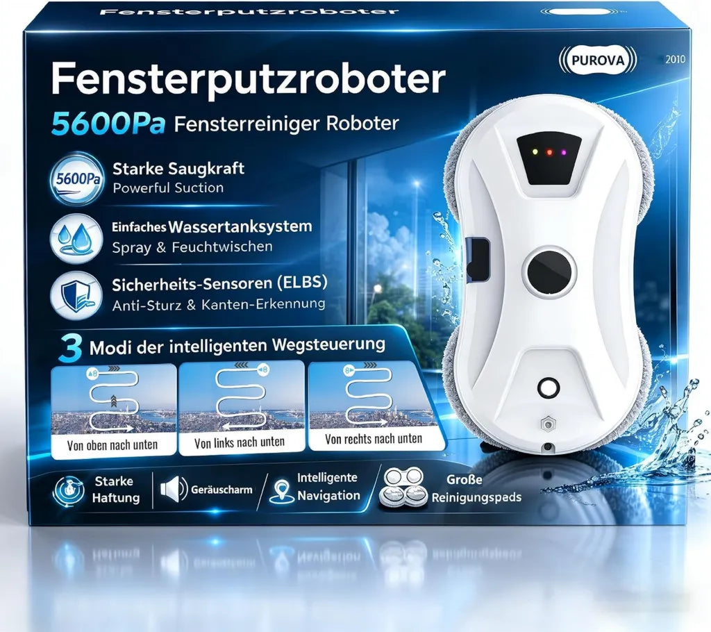 Pulitore automatico per vetri con spruzzatore, 5600 Pa, navigazione smart e 3 modalità di pulizia