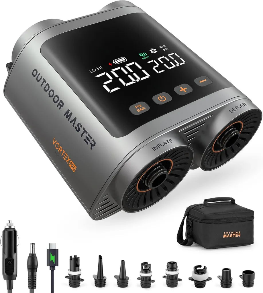 Pompa Elettrica Portatile Vortex Pro per SUP, Ricaricabile da 57.7Wh, 8 Ugelli, Max 20 PSI