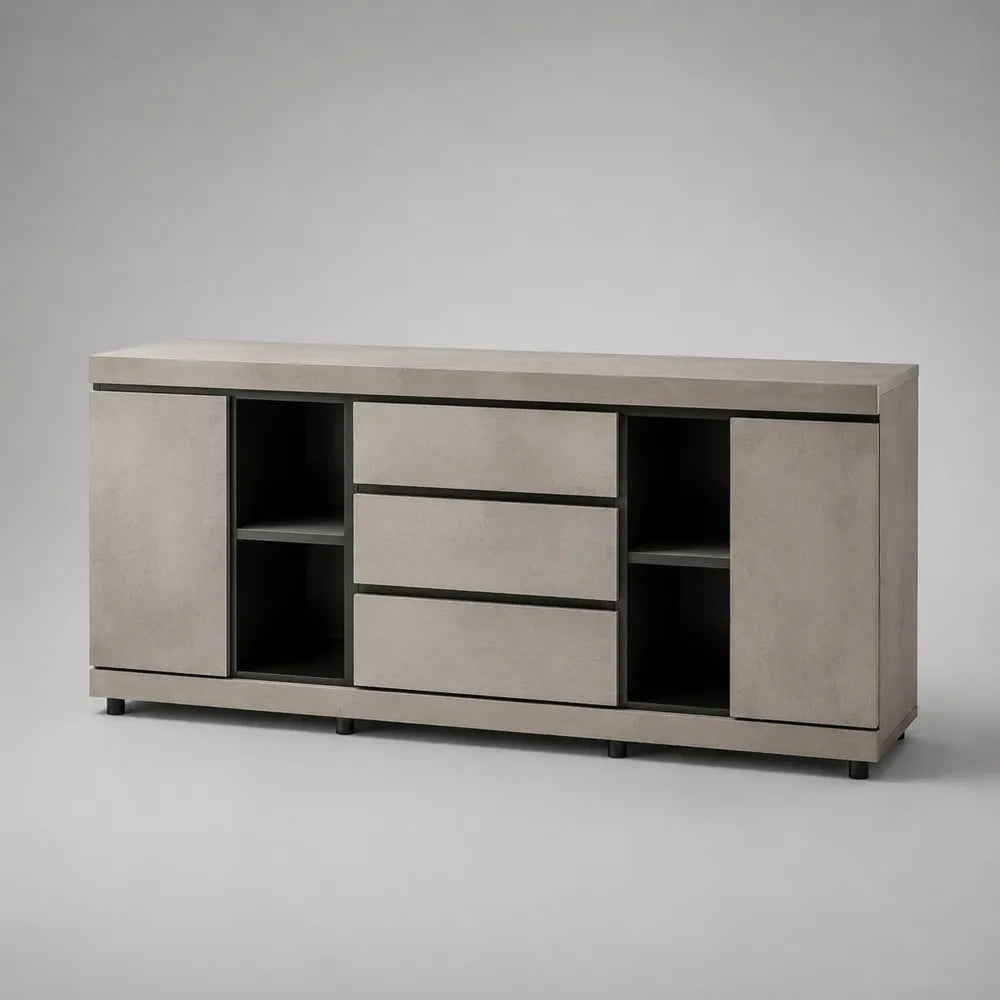 Credenza in MDF effetto pietra beige con 3 cassetti centrali ante laterali e vani a giorno struttura rettangolare 180 cm x 40 cm x 80 cm
