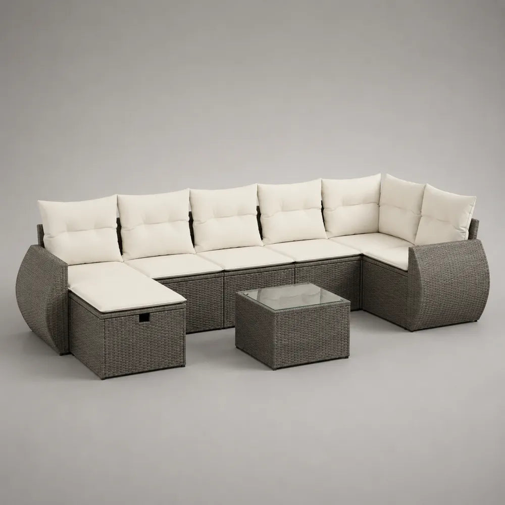 Divano da giardino angolare modulare a L con tavolino piano in vetro struttura in rattan sintetico PE e alluminio colore grigio con cuscini beige dimensioni circa 270x200x75 cm