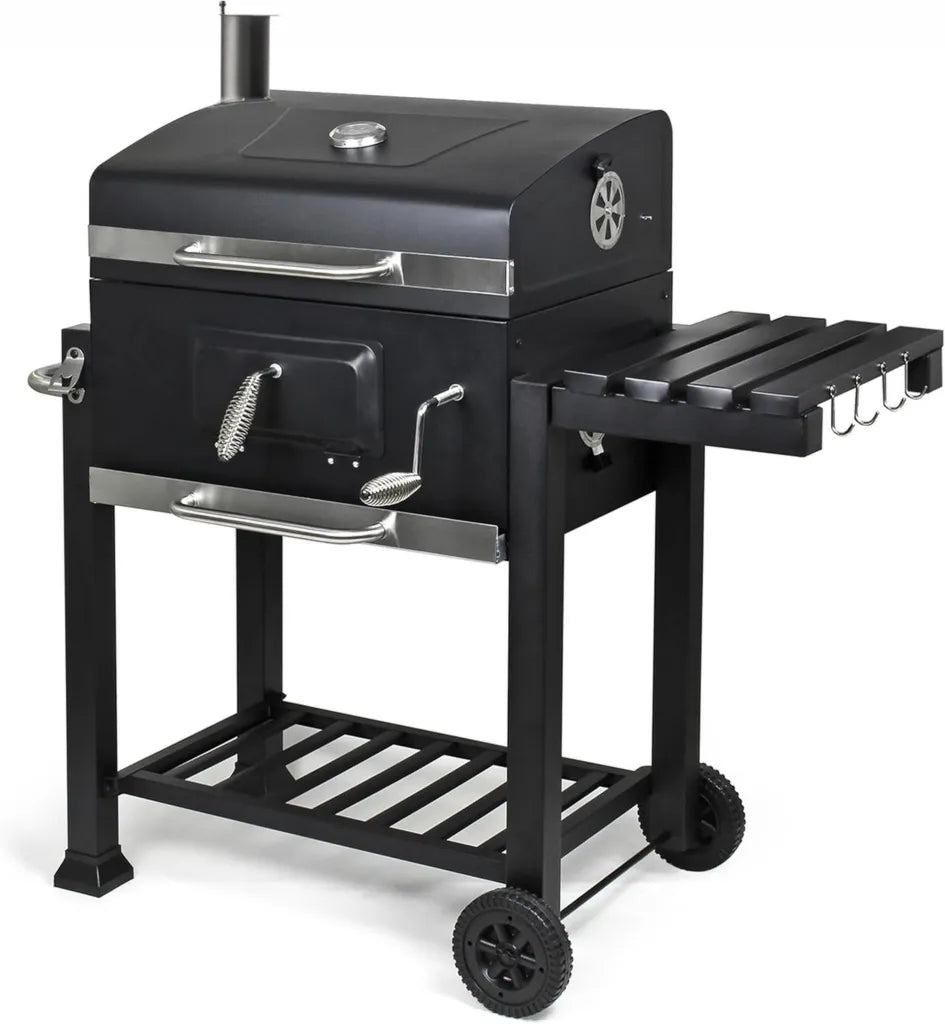Barbecue Gigante a Carbonella con Coperchio e Termometro, Griglia Inox, Cestello Regolabile, Ripiani Pieghevoli e Ruote per Giardino