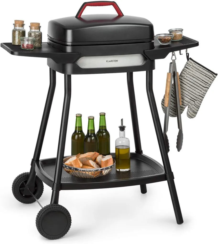 KLARSTEIN Gatsby - Barbecue Elettrico 2000W con Piastra Antiaderente in Alluminio, Tavolini Laterali, Termostato Integrato e Ruote, Nero