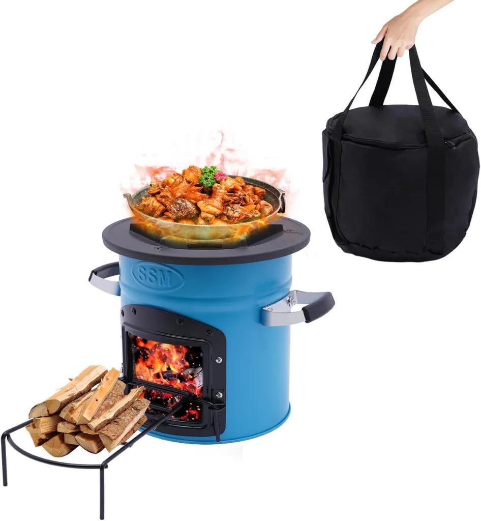 Fornello portatile a legna per campeggio con borsa, ideale per barbecue e cucina all'aperto