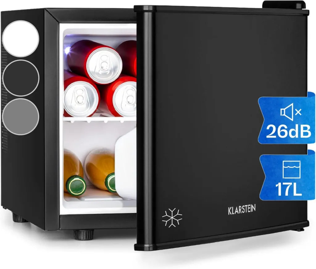 Klarstein Mini Frigo Silenzioso, 17L, Nero, per Snack e Bevande, Termostato Regolabile, Ripiano Rimovibile