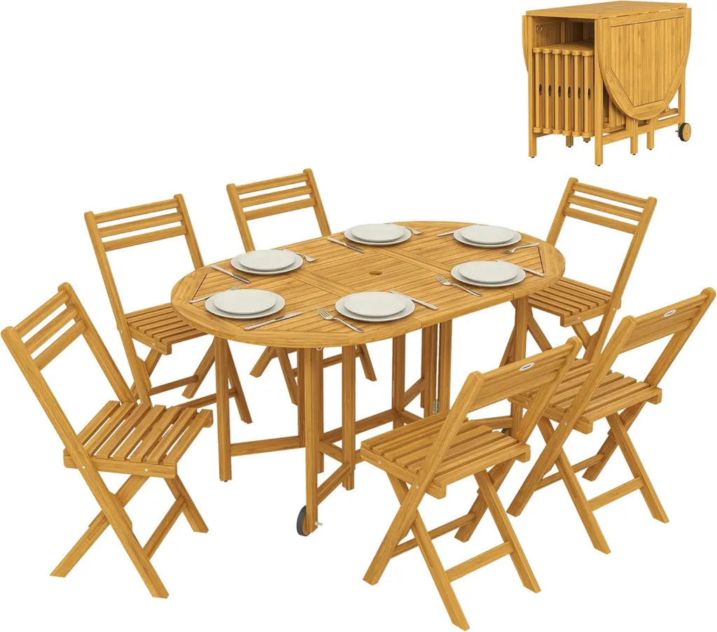 Set pranzo giardino in legno di acacia con 6 sedie pieghevoli e tavolo con ruote e foro per ombrellone