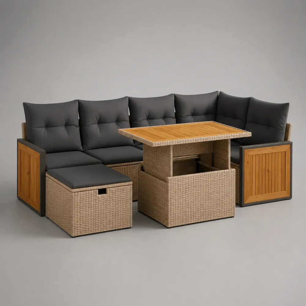 Divano da giardino angolare modulare a L con tavolino contenitore struttura in alluminio rattan sintetico PE colore beige con cuscini grigi dimensioni circa 270x200x75 cm