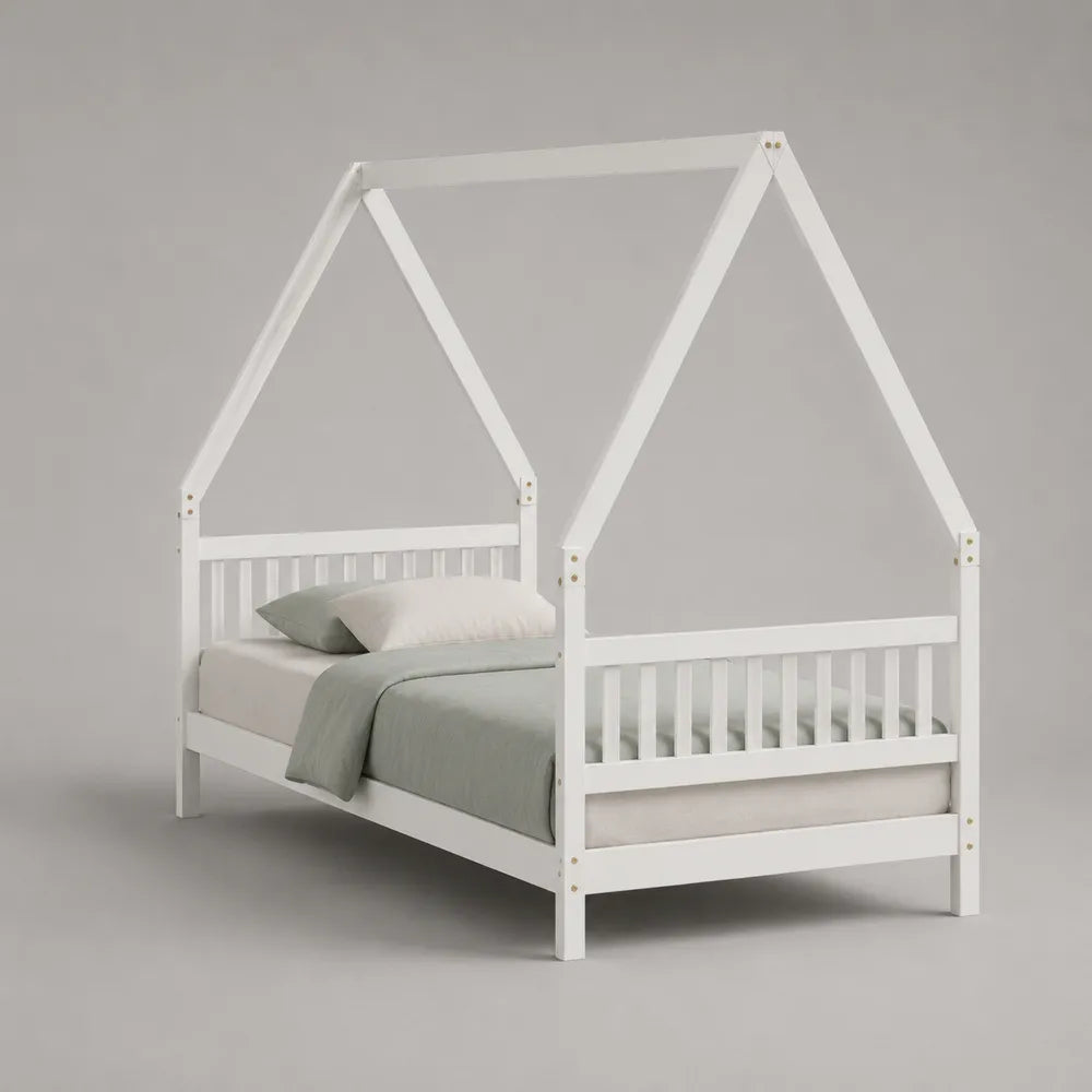 Letto singolo 90 x 200 cm in legno di pino verniciato bianco con struttura a casetta e tetto