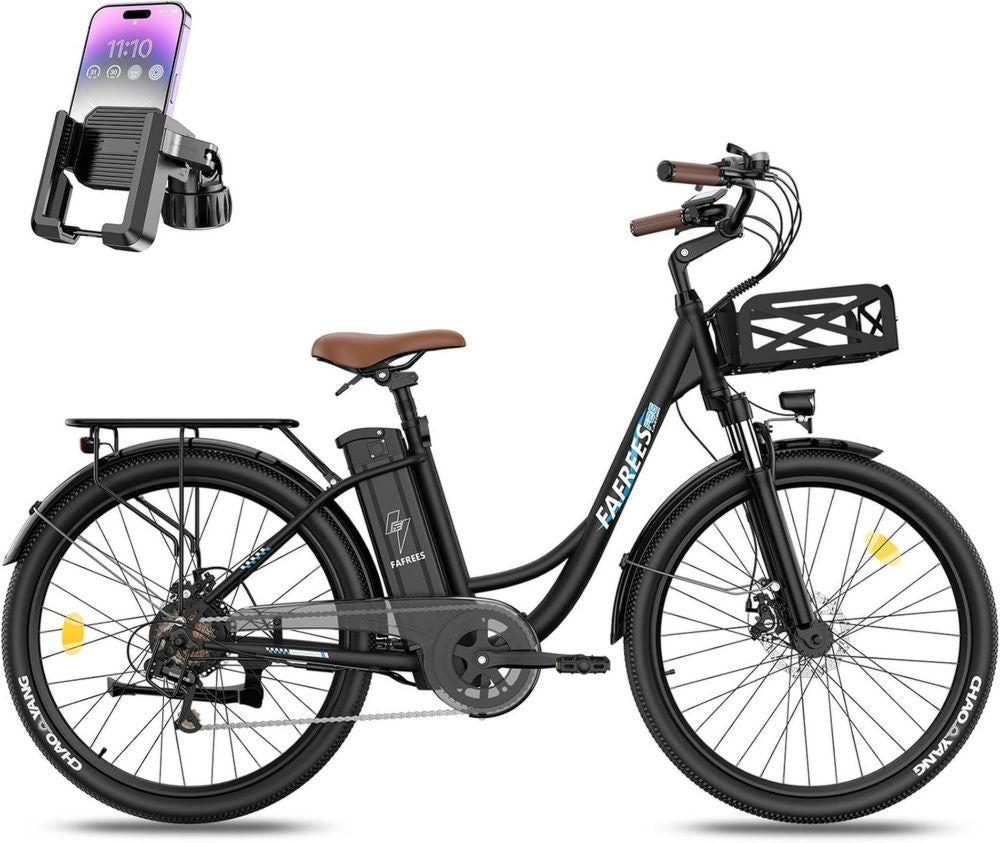 Fafrees Bicicletta Elettrica da Città 26' 36V 25Ah, Autonomia 120 km, Motore 250W, Cambio 7 Velocità, Schermo LCD e Cestino