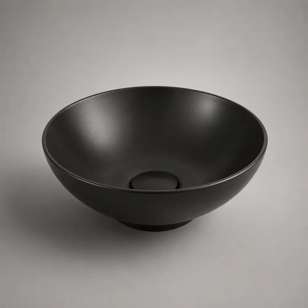 Lavabo da appoggio 40 cm x 40 cm x 15 cm in ceramica nera opaca forma rotonda per mobile bagno