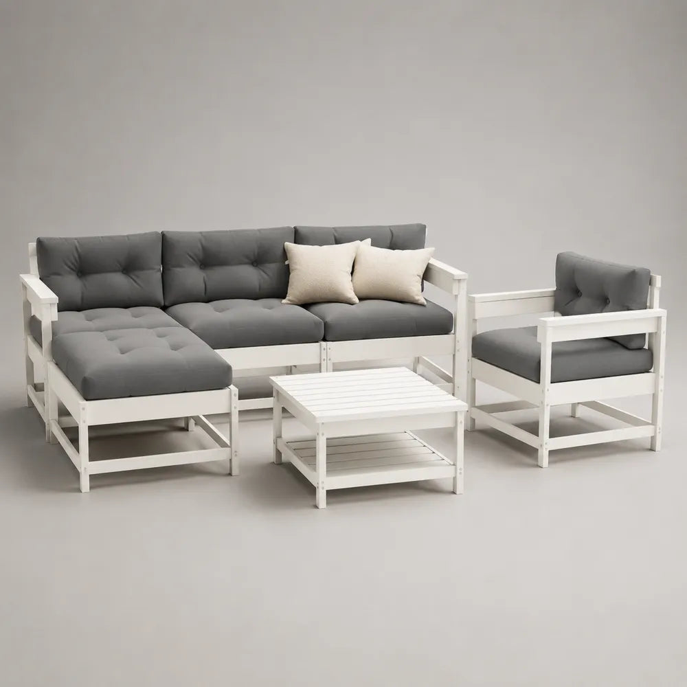 Divano da giardino modulare angolare 4 pezzi in legno massello verniciato bianco cuscini grigi tavolino con piano a doghe dimensioni 260x200x70 cm