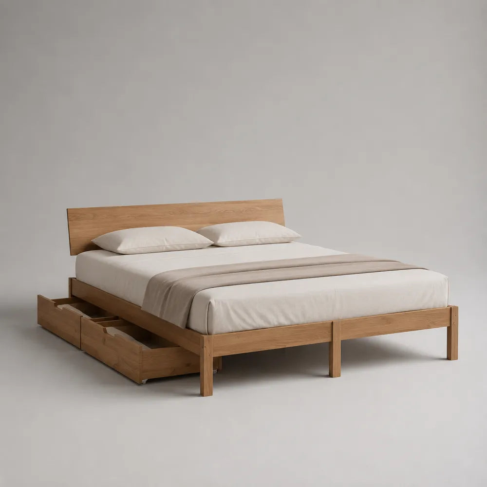 Letto matrimoniale 160x200 cm struttura in legno massello di pino e multistrato colore rovere naturale con cassetti laterali e testiera in legno