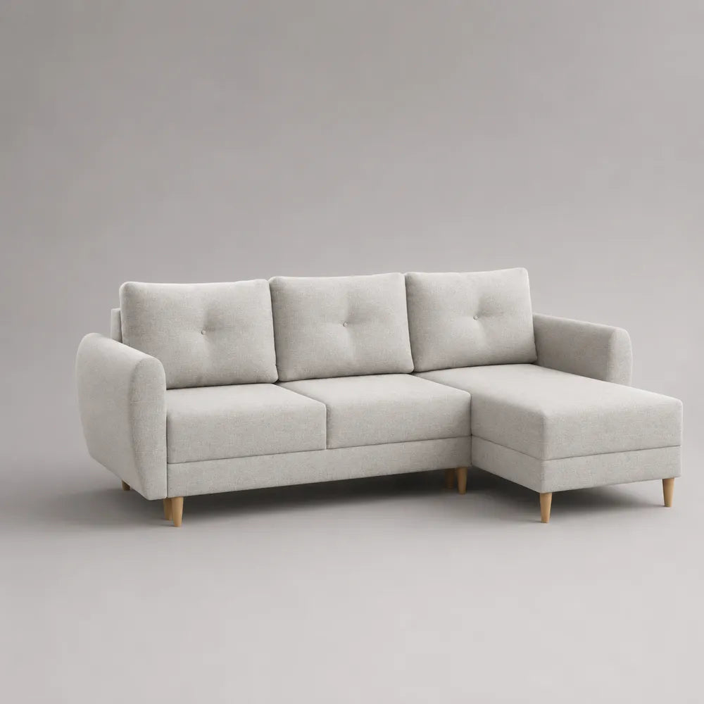 Divano angolare chaise longue 240 x 150 x 85 cm in tessuto poliestere beige con gambe in legno