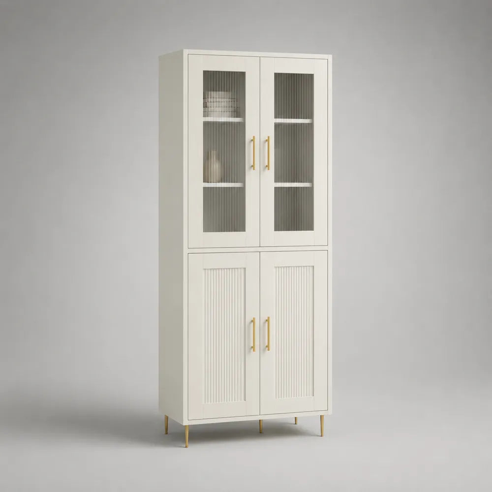 Credenza alta con ante in vetro e ante pannellate MDF laccato bianco struttura rettangolare 80 x 40 x 180 cm gambe in metallo dorato