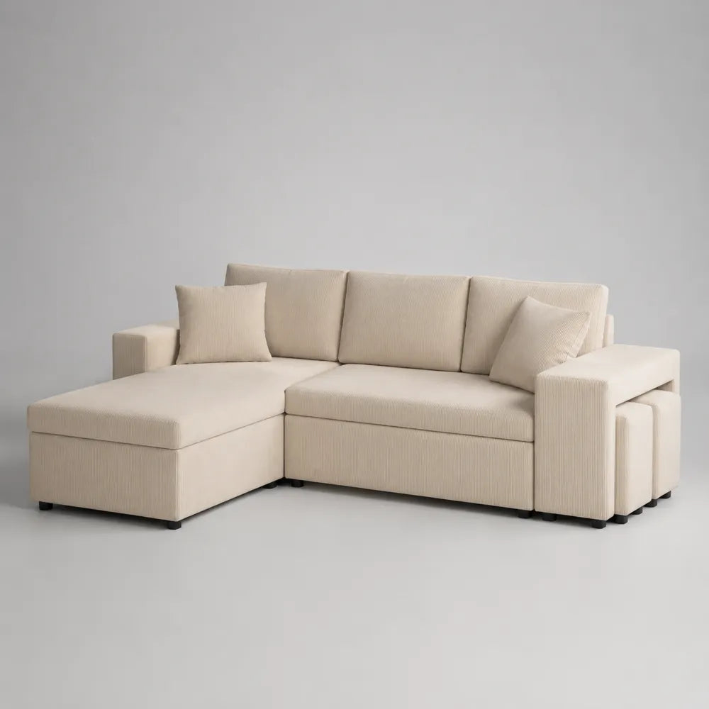 Divano angolare con chaise longue in tessuto beige struttura in legno e imbottitura in schiuma 260 x 160 x 85 cm