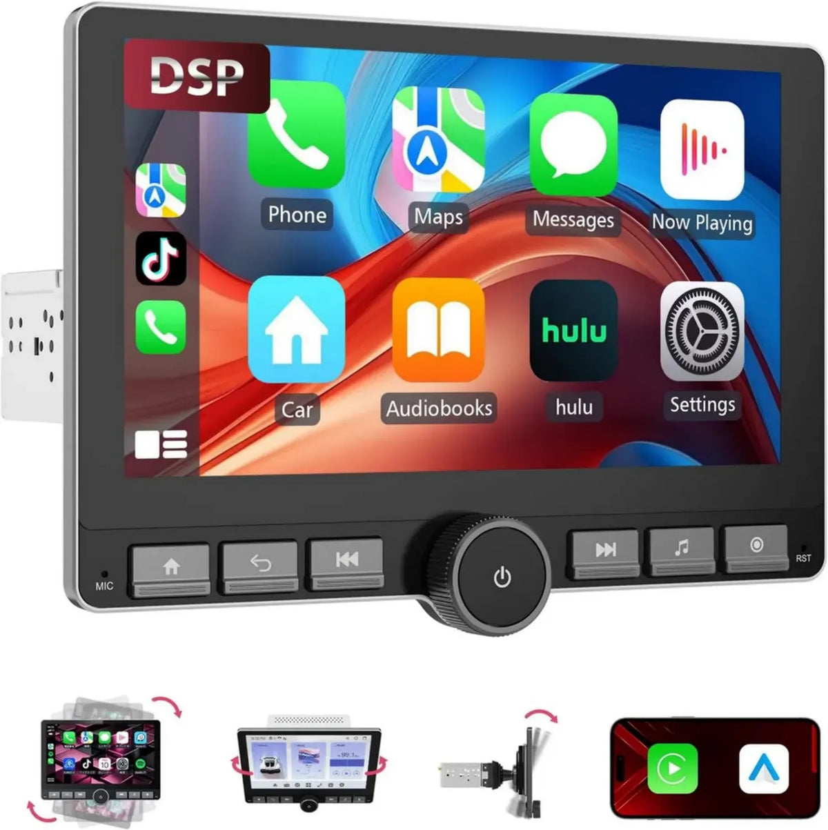 Autoradio 1 Din 360° Rotante, Display 10,1'' con Carplay e Android Auto, DSP e Fotocamera Posteriore
