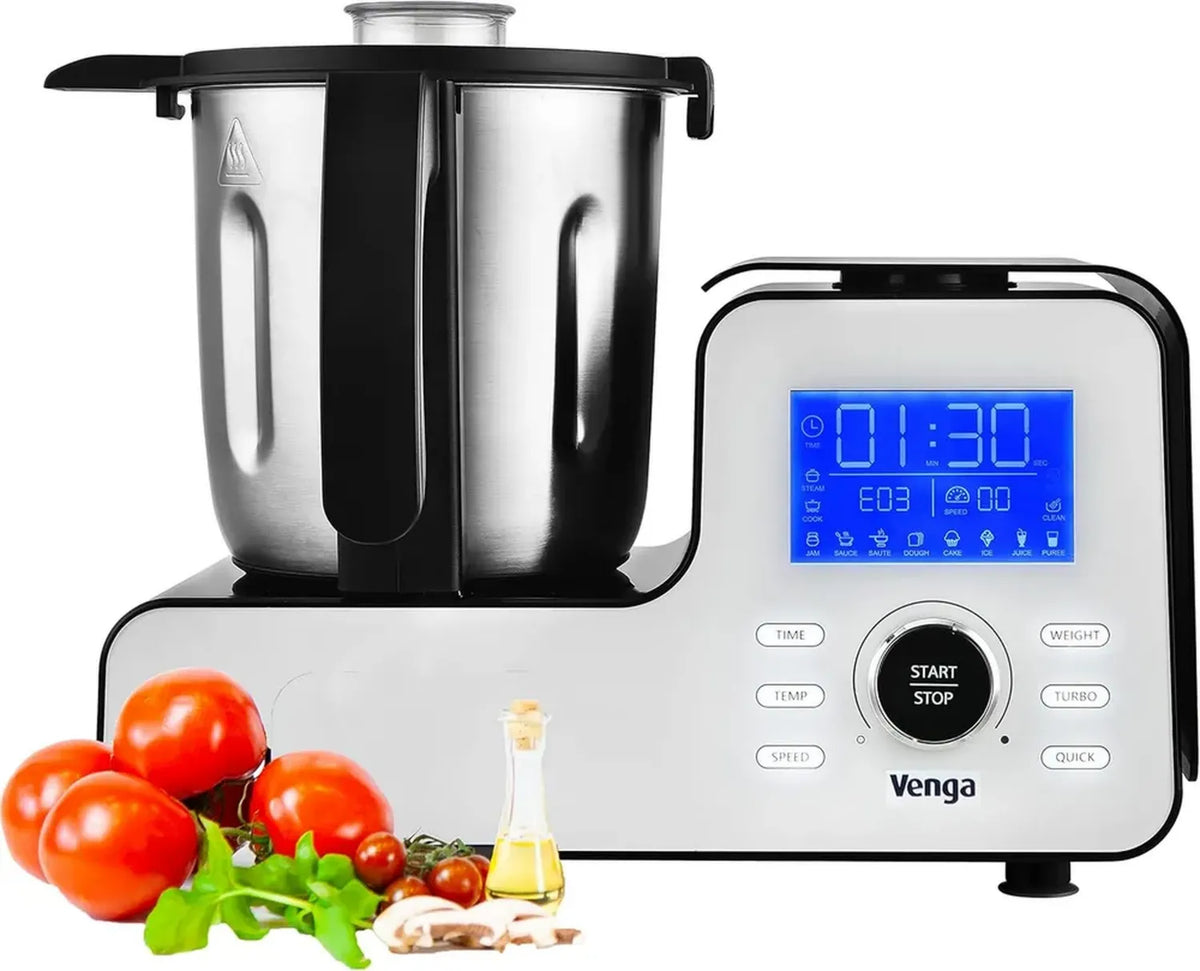 Robot da Cucina Compatto 1500W, 10 Funzioni, con Bilancia e Ricettario, Bianco/Nero