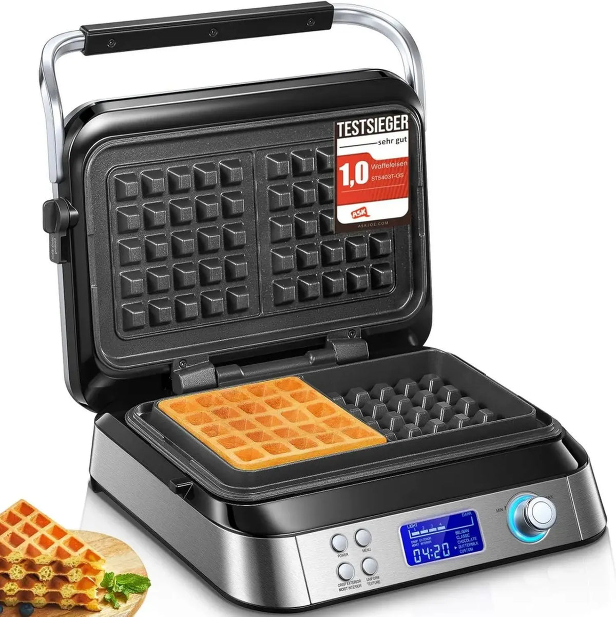 Macchina Elettrica per Waffle Belga 1600 W, Display LED Intelligente, 5 Programmi e 7 Livelli di Temperatura, Rivestimento Antiaderente (Argento)