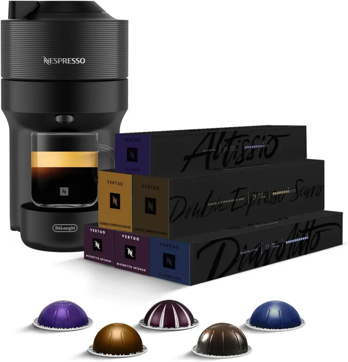 Macchina da Caffè a Capsule De'Longhi Nespresso Vertuo Pop, Tecnologia Centrifusion, 4 Dimensioni Tazza, 60 Capsule Incluse, 1260W, Nero Liquirizia