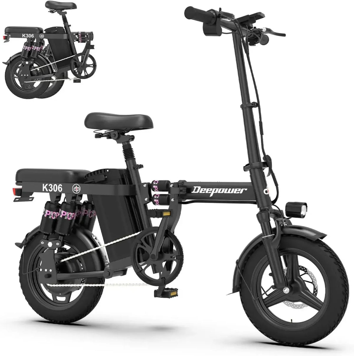 Bici Elettrica Pieghevole DEEPOWER 14', Batteria Rimovibile 48V, Motore 250W, Freni a Disco, Ideale per Pendolari