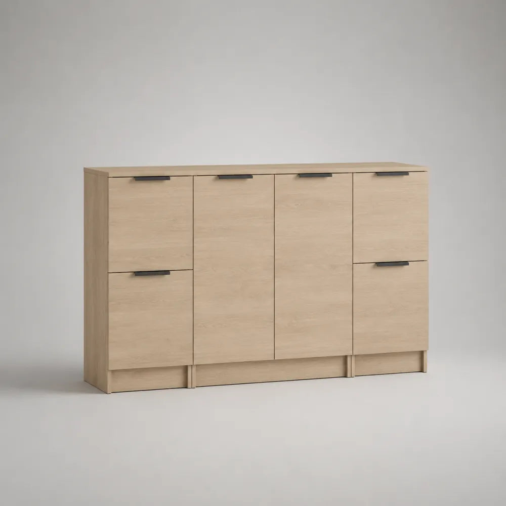 Credenza soggiorno 160x40x85 cm in legno effetto rovere chiaro con 4 ante e maniglie nere struttura rettangolare