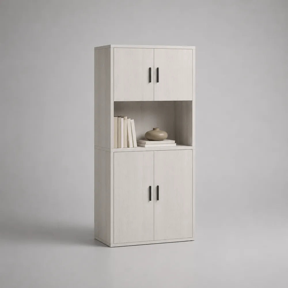 Credenza alta in pannelli truciolari melaminici effetto rovere chiaro con 4 ante e vano a giorno struttura rettangolare 70 cm x 35 cm x 160 cm