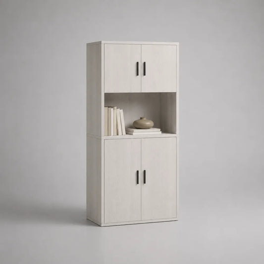 Credenza alta in pannelli truciolari melaminici effetto rovere chiaro con 4 ante e vano a giorno struttura rettangolare 70 cm x 35 cm x 160 cm