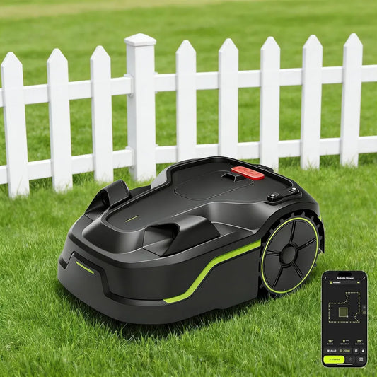 Robot rasaerba automatico per giardini fino a 600 m², installazione rapida, evita ostacoli, taglio bordi e aree multiple