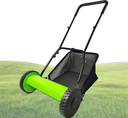 Tosaerba manuale con sacco raccoglierba, lame in acciaio al manganese, altezza regolabile, perfetto per giardini piccoli