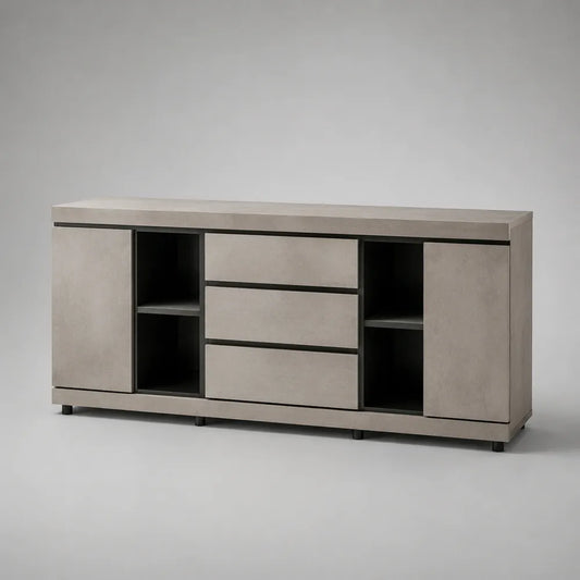 Credenza in MDF effetto pietra beige con 3 cassetti centrali ante laterali e vani a giorno struttura rettangolare 180 cm x 40 cm x 80 cm