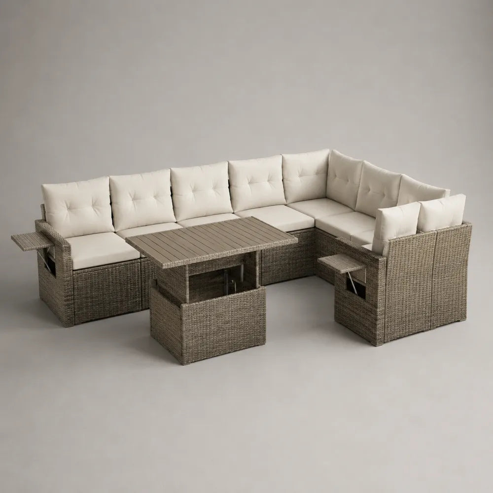 Divano da giardino angolare modulare a L con tavolino struttura in alluminio rattan sintetico PE colore grigio scuro con cuscini beige dimensioni 280x200x75 cm
