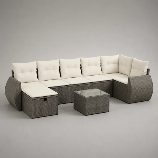 Divano da giardino angolare modulare a L con tavolino piano in vetro struttura in rattan sintetico PE e alluminio colore grigio con cuscini beige dimensioni circa 270x200x75 cm