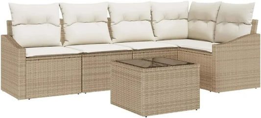 Set Salotto da Giardino 6 Pezzi in Polyrattan Beige e Crema, Arredo Moderno per Esterni, Divani Resistenti e Confortevoli