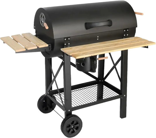 Griglia a Carbone da Giardino con Coperchio e Ripiani Laterali, Scaldavivande, Struttura in Acciaio, Ruote e Cassetto Cenere, 110x70.5x101.5 cm, Nero