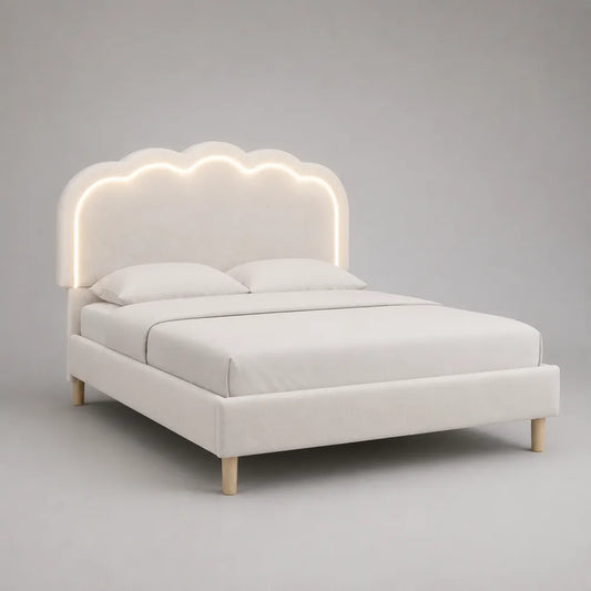 Letto matrimoniale 160 x 200 cm in tessuto poliestere effetto velluto beige con testiera sagomata a nuvola e illuminazione LED struttura in MDF e metallo