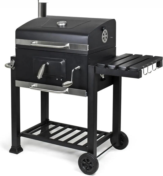 Barbecue Gigante a Carbonella con Coperchio e Termometro, Griglia Inox, Cestello Regolabile, Ripiani Pieghevoli e Ruote per Giardino