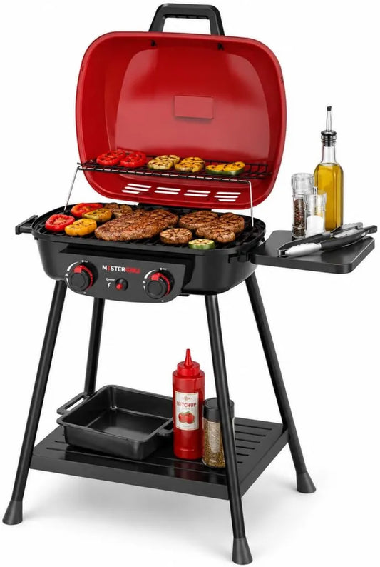 Grill a Gas Rosso con 2 Bruciatori, Griglia in Ghisa e Scaldavivande, Barbecue da Esterno con Accensione Piezoelettrica e Ruote, 76,8x51,9x90,4 cm