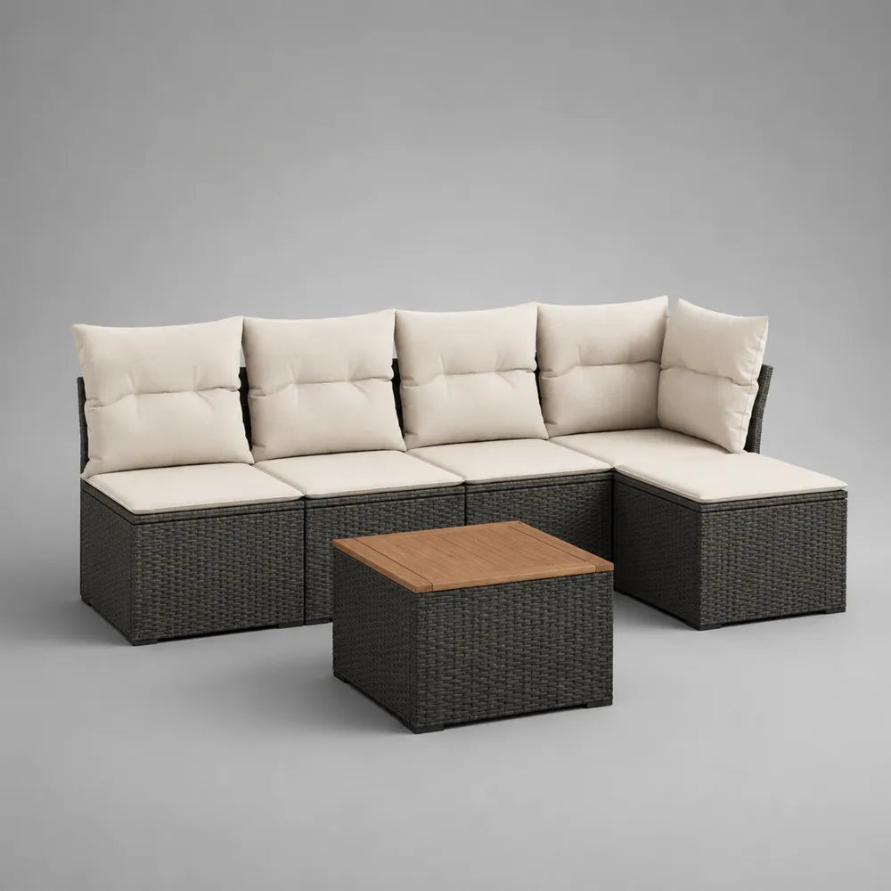 Divano da giardino angolare modulare a L con tavolino struttura in alluminio rattan sintetico PE colore grigio scuro con piano in legno dimensioni 280x200x75 cm