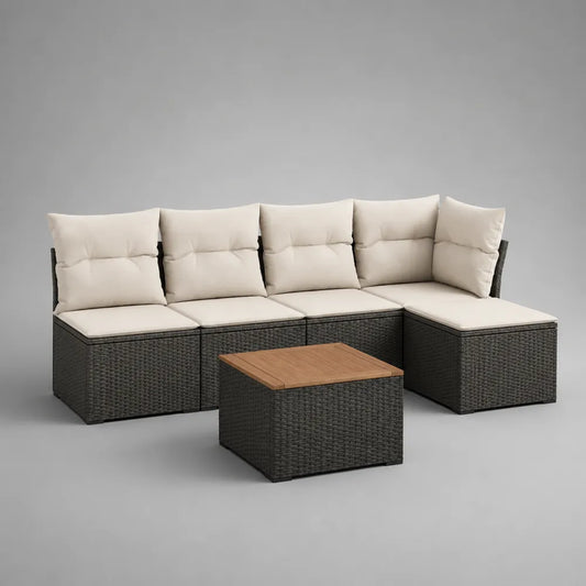 Divano da giardino angolare modulare a L con tavolino struttura in alluminio rattan sintetico PE colore grigio scuro con piano in legno dimensioni 280x200x75 cm