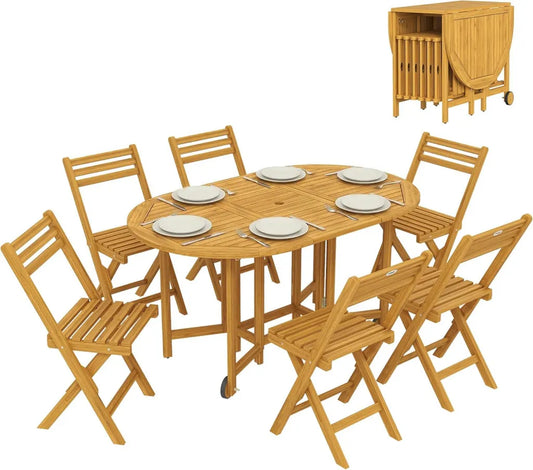 Set pranzo giardino in legno di acacia con 6 sedie pieghevoli e tavolo con ruote e foro per ombrellone