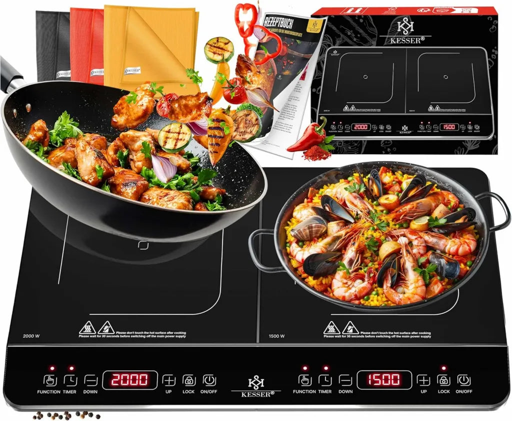 KESSER® Piano Cottura Induzione Portatile 2 Zone 3500W, 57 cm + Accessori, 8 Livelli di Calore, Timer e Controllo Touch