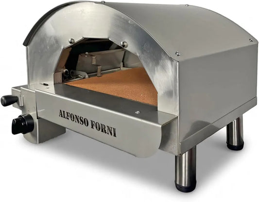 Forno per pizza da esterno a gas e legna Alfonsino in acciaio inox AISI 304 con piano refrattario, fino a 500°C, cottura a fiamma diretta, dimensioni 40x40 cm, personalizzabile