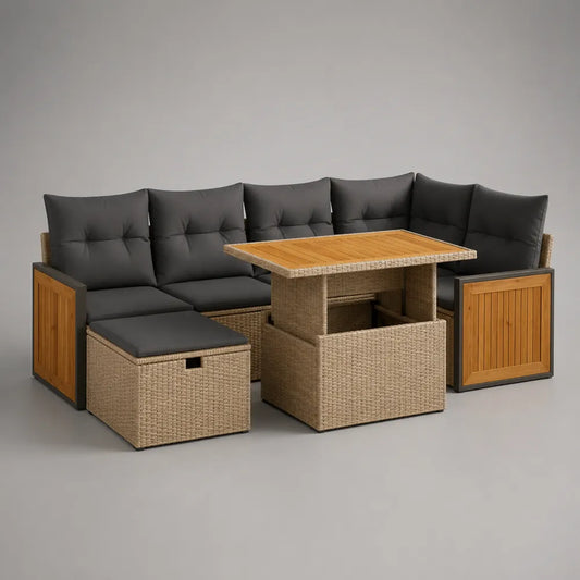 Divano da giardino angolare modulare a L con tavolino contenitore struttura in alluminio rattan sintetico PE colore beige con cuscini grigi dimensioni circa 270x200x75 cm