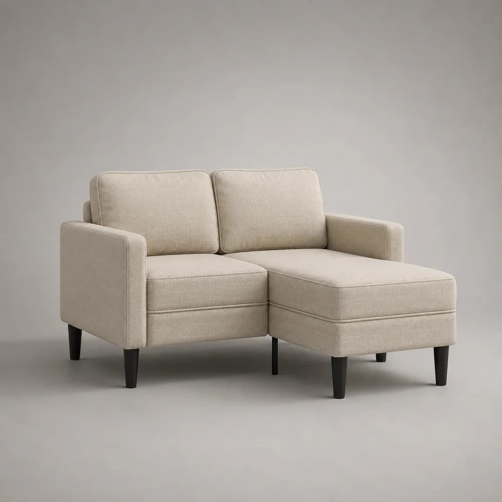 Divano angolare chaise longue 200 x 140 x 85 cm in tessuto poliestere beige con gambe in legno