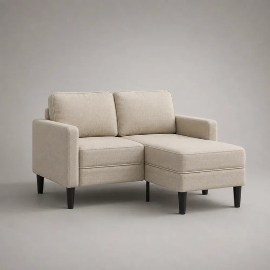 Divano angolare chaise longue 200 x 140 x 85 cm in tessuto poliestere beige con gambe in legno