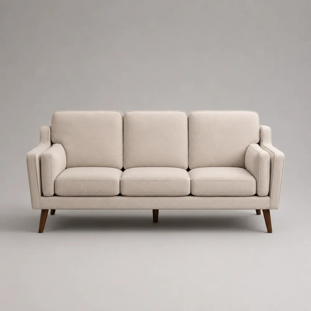 Divano 3 posti in tessuto beige con struttura in legno massello e gambe in legno 210 x 90 x 85 cm