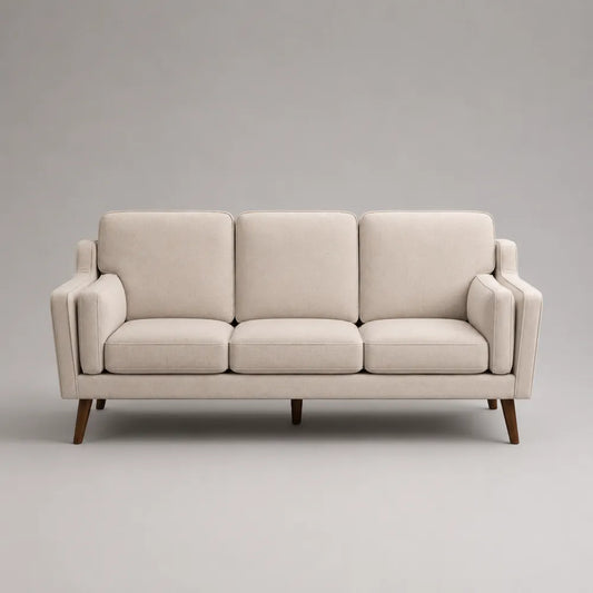 Divano 3 posti in tessuto beige con struttura in legno massello e gambe in legno 210 x 90 x 85 cm