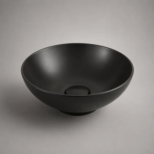 Lavabo da appoggio 40 cm x 40 cm x 15 cm in ceramica nera opaca forma rotonda per mobile bagno
