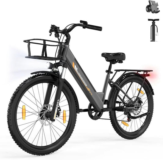 Bicicletta Elettrica 26' per Adulti, 7 Marce con Batteria Rimovibile 36V 13Ah, Velocità 25km/h e Autonomia 80-100km, Ideale per Pendolari Cittadini