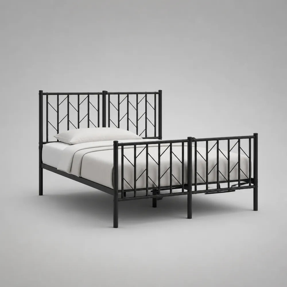 Letto singolo 90 cm x 200 cm in acciaio verniciato nero con testiera e pediera a motivo geometrico struttura rettangolare rete a doghe