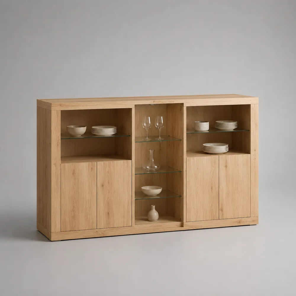 Credenza in MDF effetto rovere chiaro con ante e ripiani in vetro struttura rettangolare con vano centrale aperto 180 cm x 40 cm x 85 cm